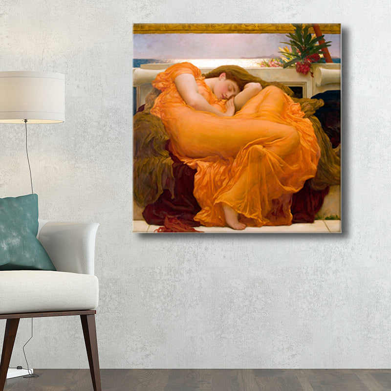 Orange Sleeping Woman Wall Decor World Culture Textured Canvas Print for Bedroom