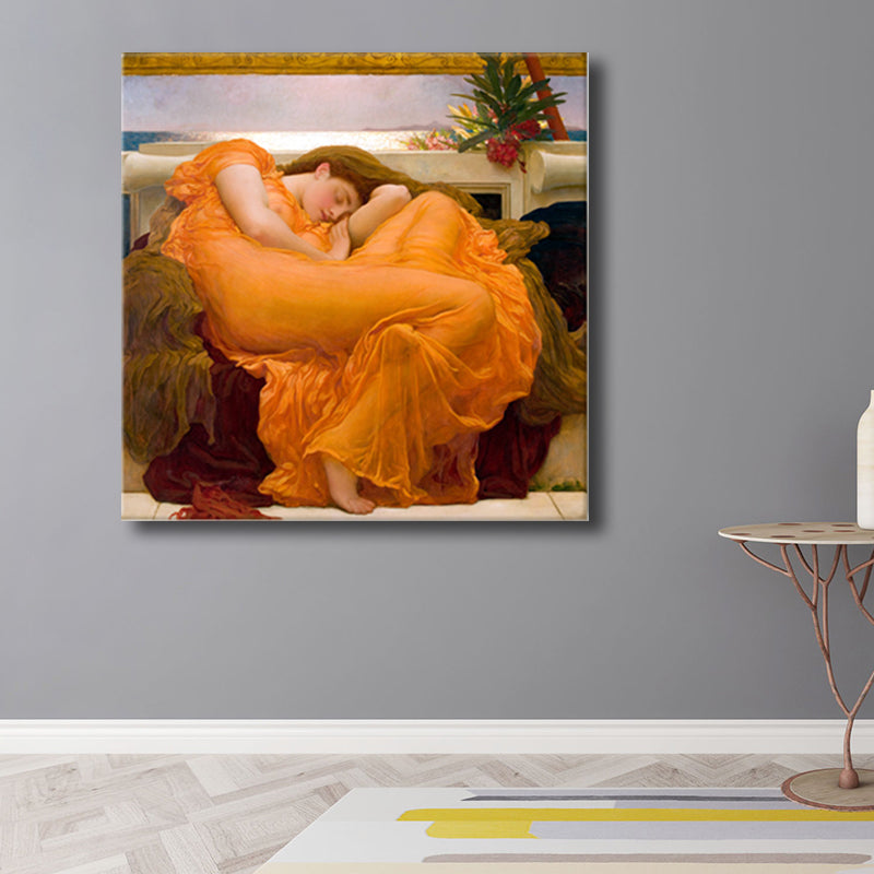 Orange Sleeping Woman Wall Decor World Culture Textured Canvas Print for Bedroom