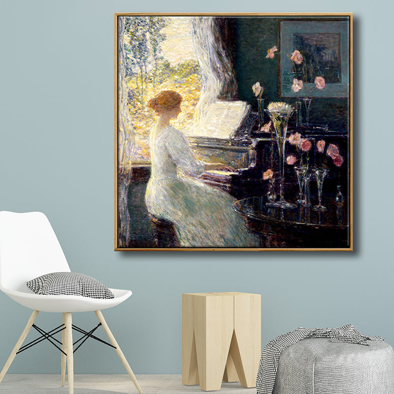 Vintage Wall Art Decor Green Beauty Playing the Piano Canvas in Green for Living Room