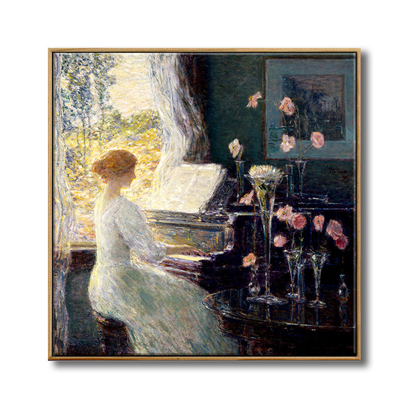 Vintage Wall Art Decor Green Beauty Playing the Piano Canvas in Green for Living Room