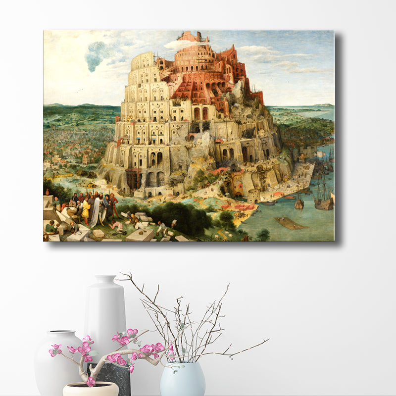 Tower of Babel Wall Art Textured World Culture Living Room Canvas Print in Yellow