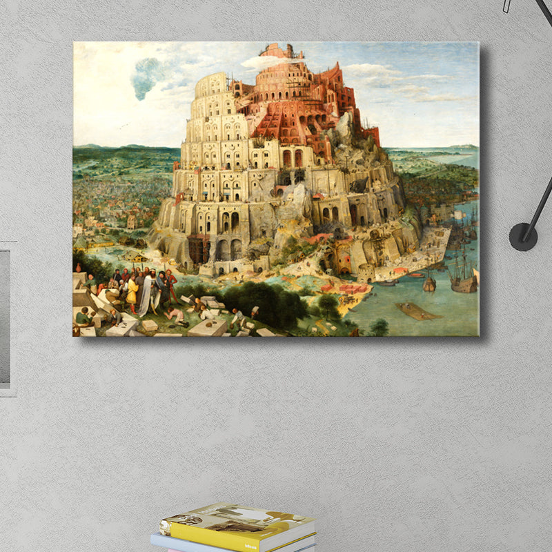 Tower of Babel Wall Art Textured World Culture Living Room Canvas Print in Yellow