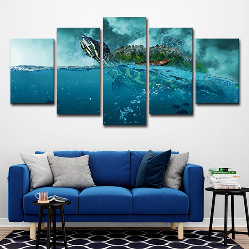 Ocean Surface Turtle Canvas Print Multi-Piece Modernism Living Room Wall Art in Blue