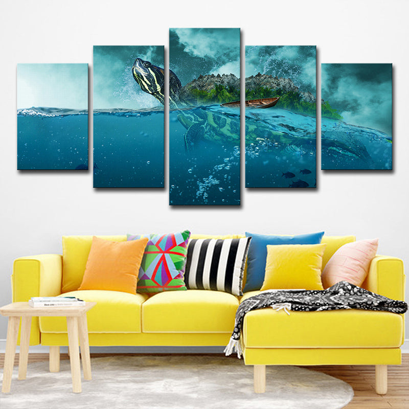 Ocean Surface Turtle Canvas Print Multi-Piece Modernism Living Room Wall Art in Blue