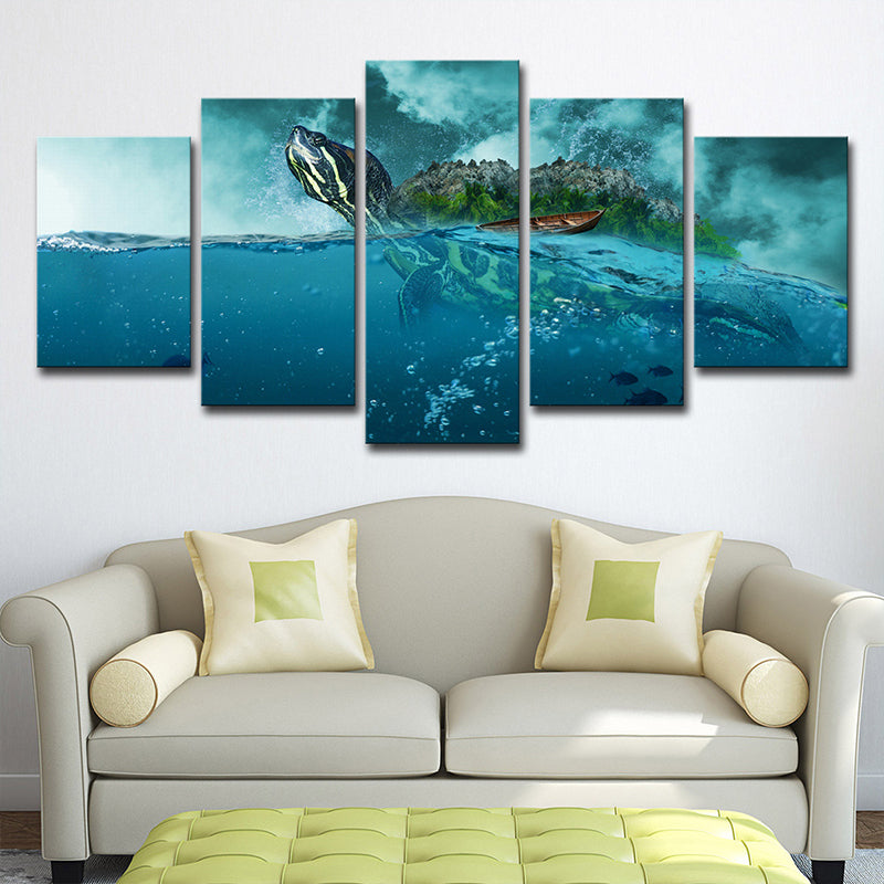 Ocean Surface Turtle Canvas Print Multi-Piece Modernism Living Room Wall Art in Blue