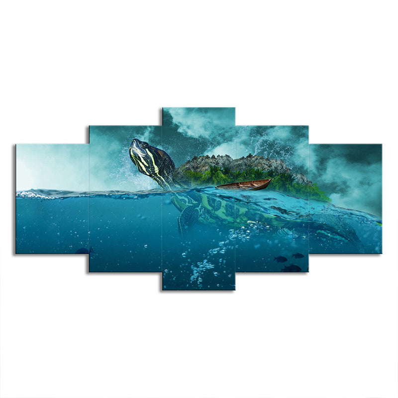 Ocean Surface Turtle Canvas Print Multi-Piece Modernism Living Room Wall Art in Blue