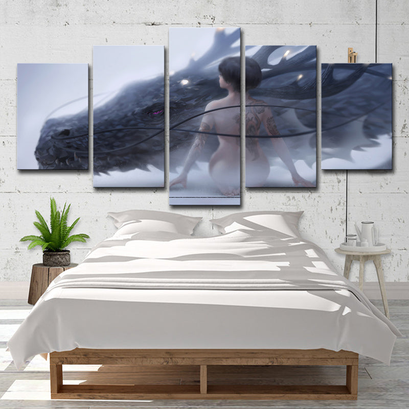 Nude Girl and Dragon Canvas Art Blue Kids Style Wall Decoration for Boys Bedroom
