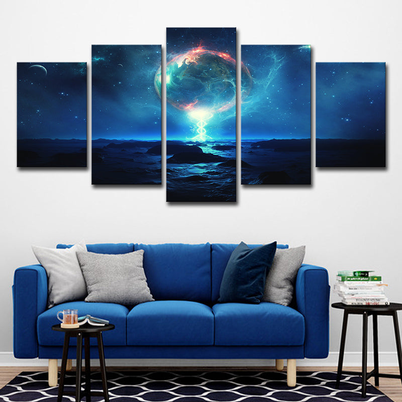 Blue Fictional Canvas Wall Art Earth and Starry Night Sky Wall Decor for Bedroom