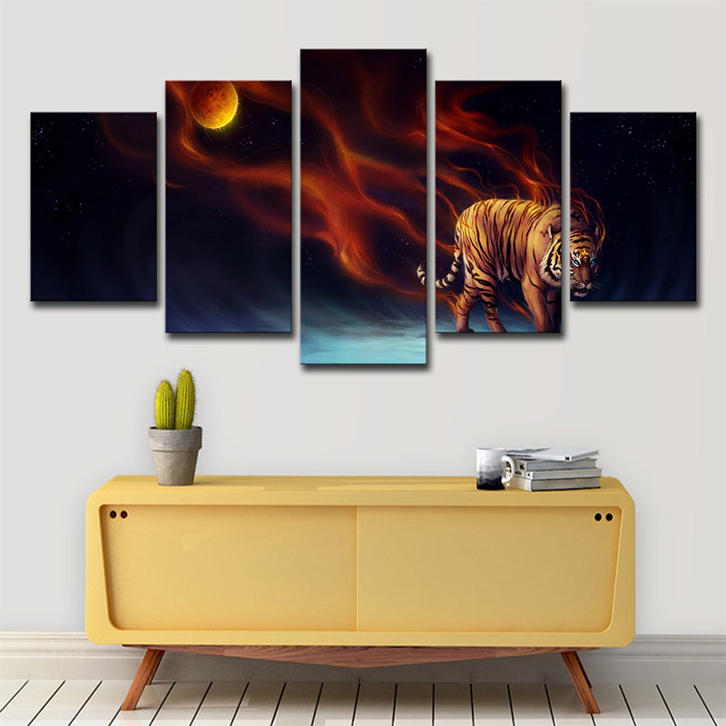 Yellow Moon Night Tiger Art Print Multi-Piece Modern Living Room Wall Decoration