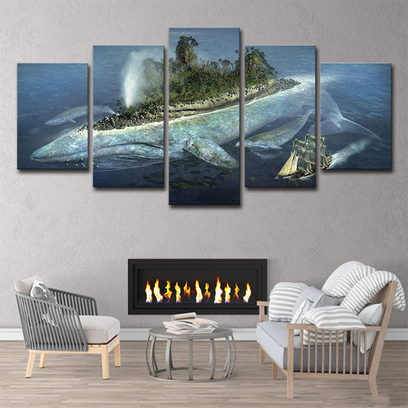 Modernist Ocean Whale Island Art Print Blue Multi-Piece Canvas for House Interior