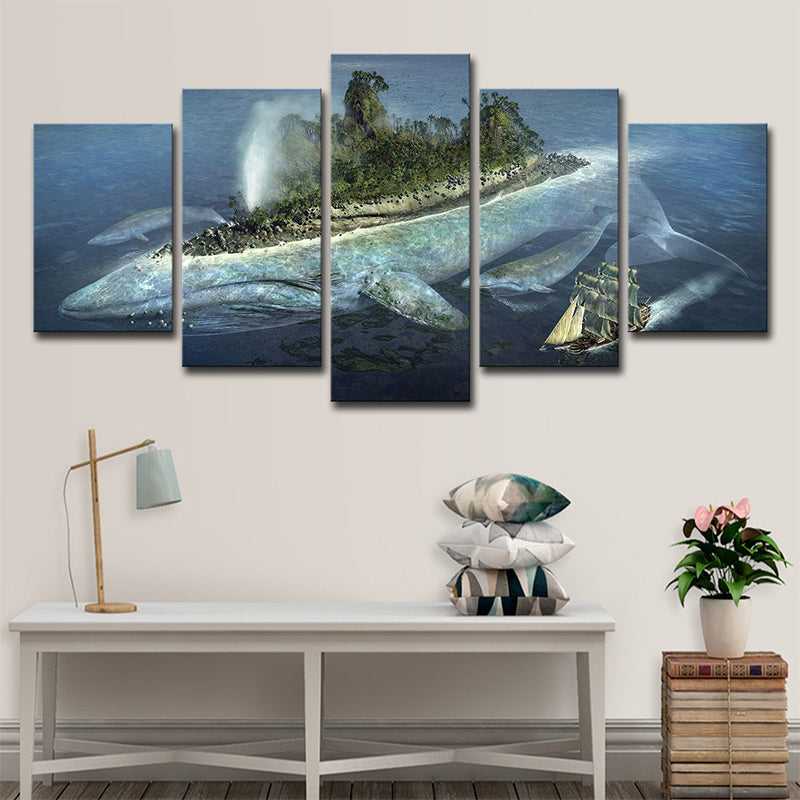 Modernist Ocean Whale Island Art Print Blue Multi-Piece Canvas for House Interior