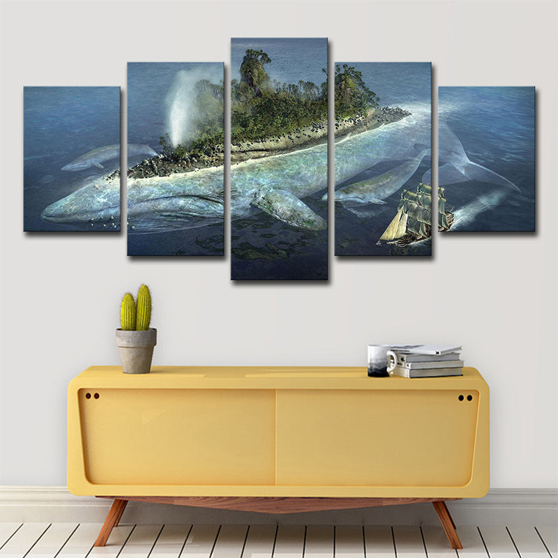 Modernist Ocean Whale Island Art Print Blue Multi-Piece Canvas for House Interior