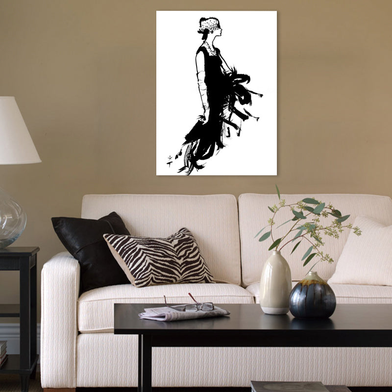 Pencil Drawing Glam Canvas Wall Art with Woman in Black Dress Pattern for Bedroom