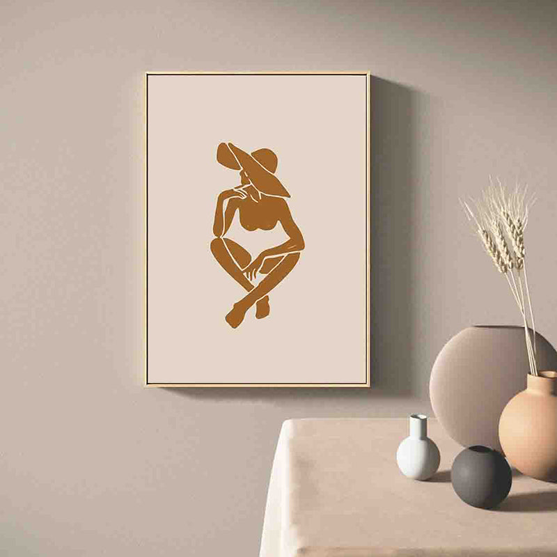 Woman with Floppy Hat Canvas Minimalist Stylish Fashion Drawing Wall Art in Brown