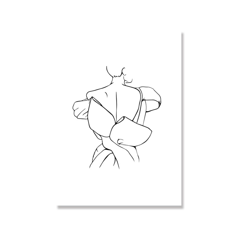 White Minimal Canvas Print Line Drawing Back of Woman in Formal Dress Wall Art for Home