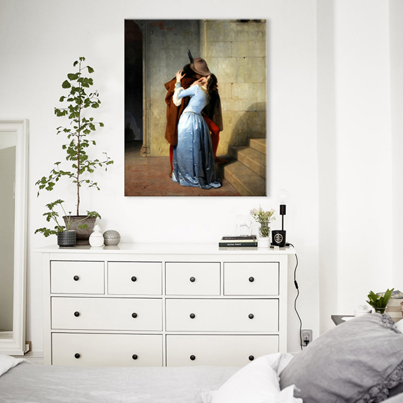 Kissing Couple Canvas Wall Art Rustic Textured Painting in Blue (Multiple Size Options)