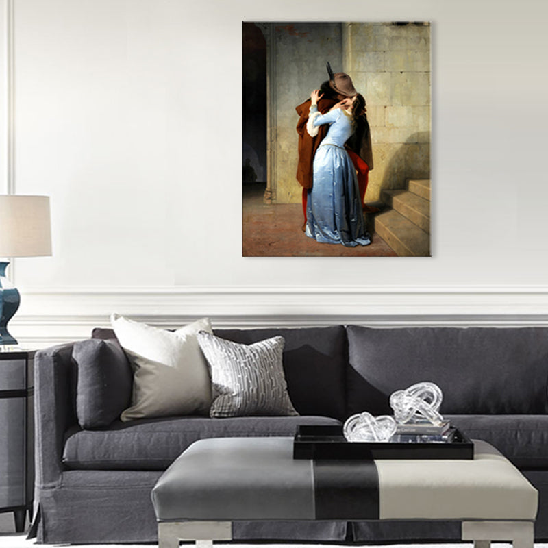 Kissing Couple Canvas Wall Art Rustic Textured Painting in Blue (Multiple Size Options)