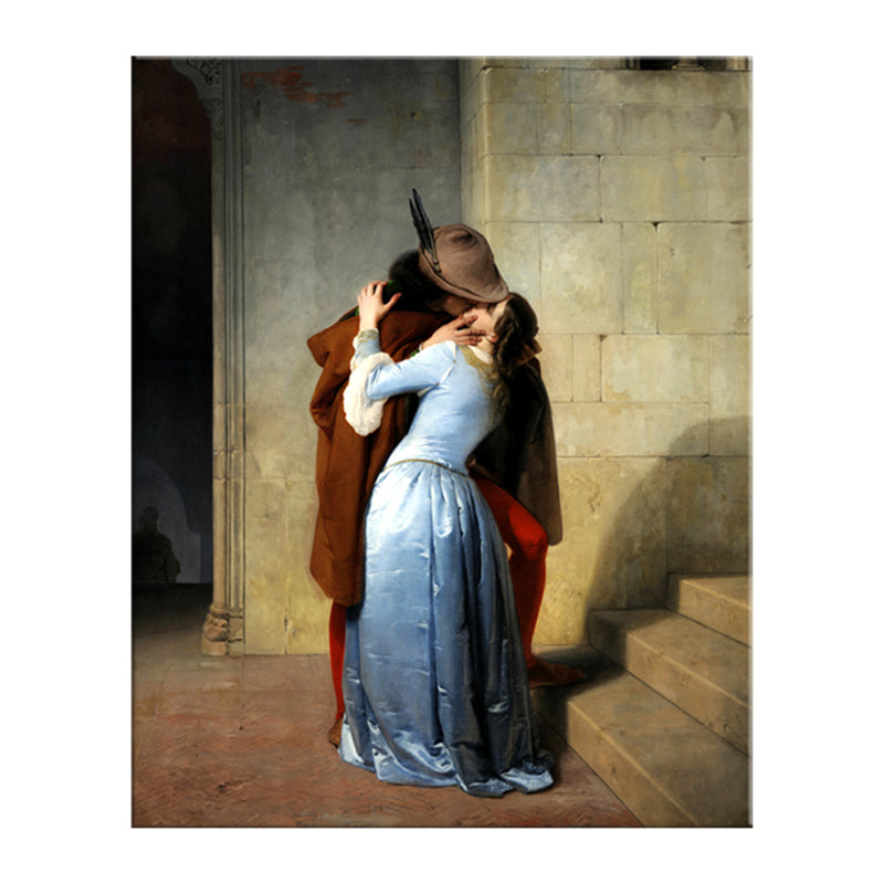 Kissing Couple Canvas Wall Art Rustic Textured Painting in Blue (Multiple Size Options)