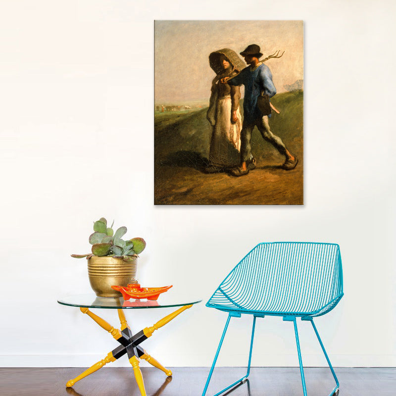 Brown Vintage Canvas Couple in the Field Art Print for Study Room, Multiple Size Options