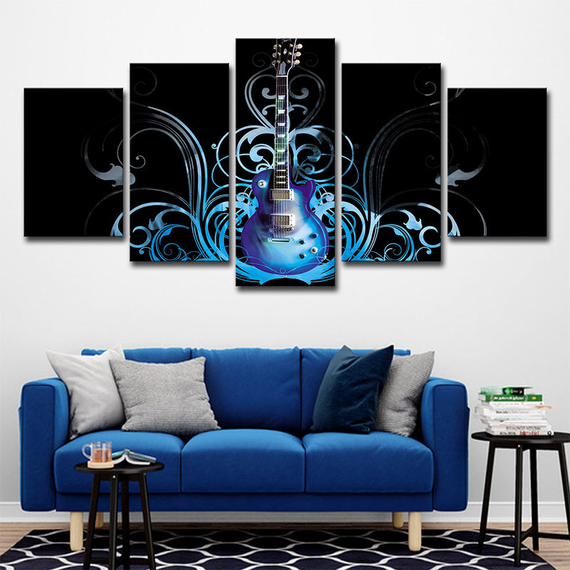 Guitar Canvas Art Living Room Musical Wall Decoration in Blue-Black, Multi-Piece