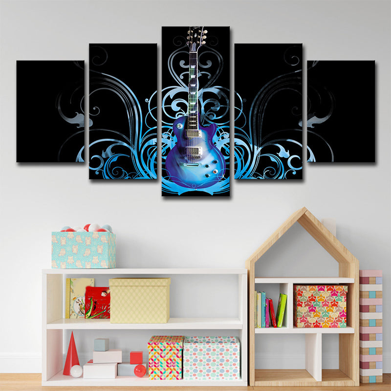 Guitar Canvas Art Living Room Musical Wall Decoration in Blue-Black, Multi-Piece