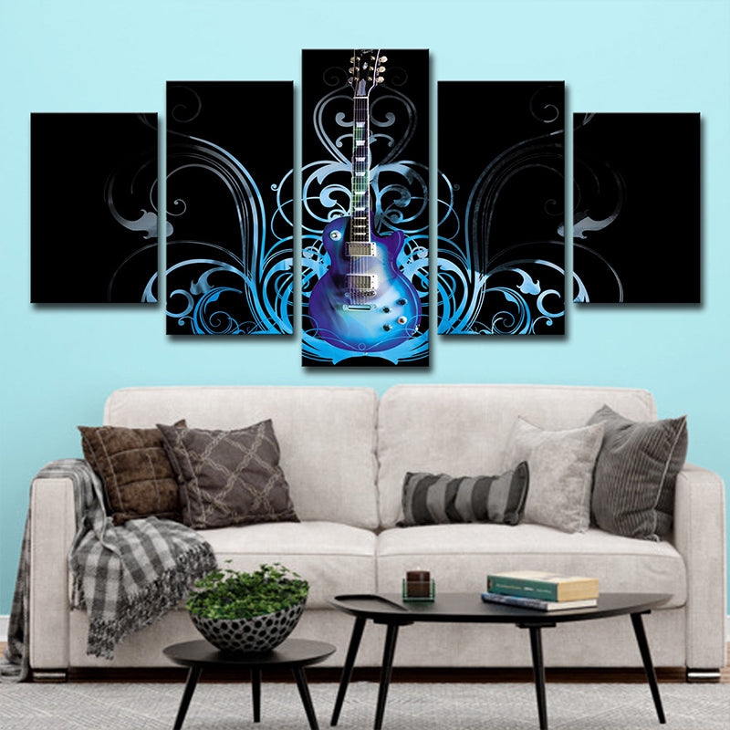 Guitar Canvas Art Living Room Musical Wall Decoration in Blue-Black, Multi-Piece