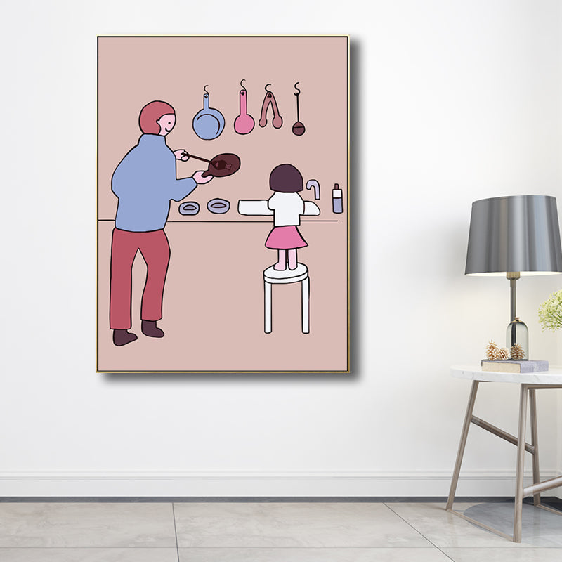 Pink Kids Wall Art Drawing Print Mom and Her Baby Girl Canvas for Dining Room