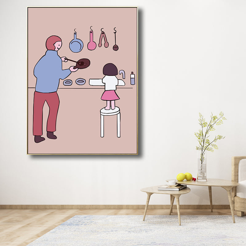 Pink Kids Wall Art Drawing Print Mom and Her Baby Girl Canvas for Dining Room