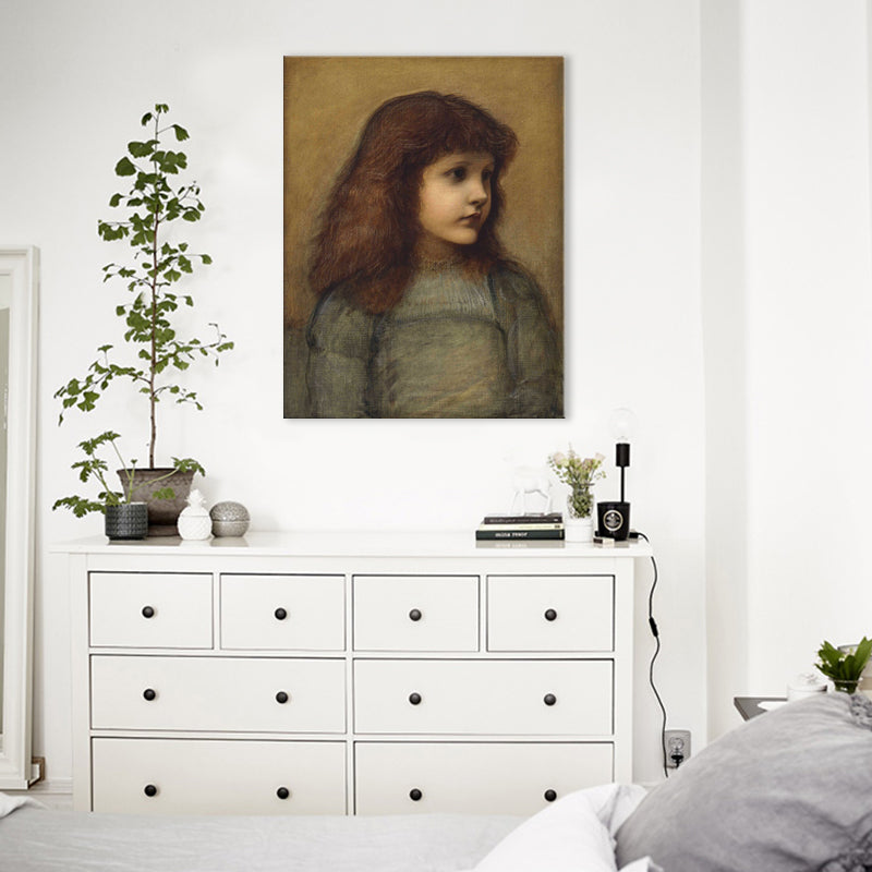 Textured Girl's Self-Portrait Painting Canvas Rustic Wall Art Decor in Brown for Study Room