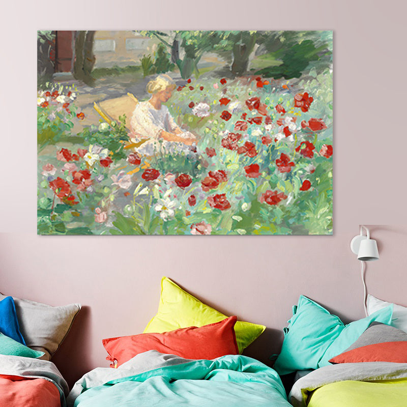 Woman in Blossom Field Canvas Textured French Country Living Room Wall Art Decor