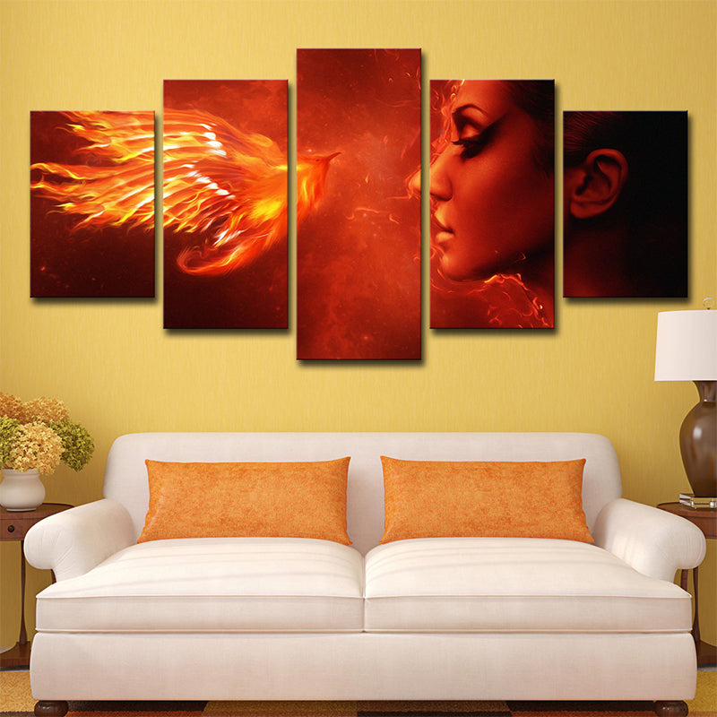 Orange Red Modern Canvas Art Digital Print Woman and Phoenix Wall Decor for Room