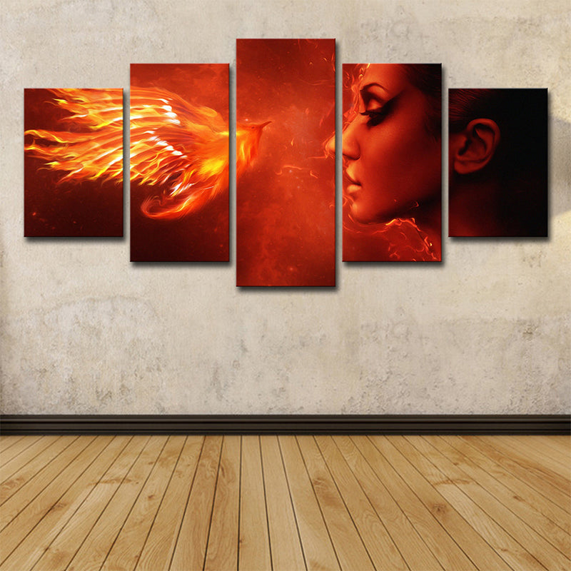 Orange Red Modern Canvas Art Digital Print Woman and Phoenix Wall Decor for Room