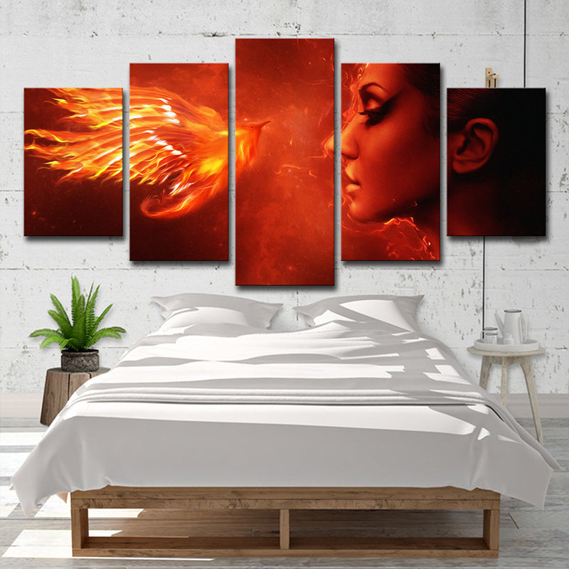 Orange Red Modern Canvas Art Digital Print Woman and Phoenix Wall Decor for Room