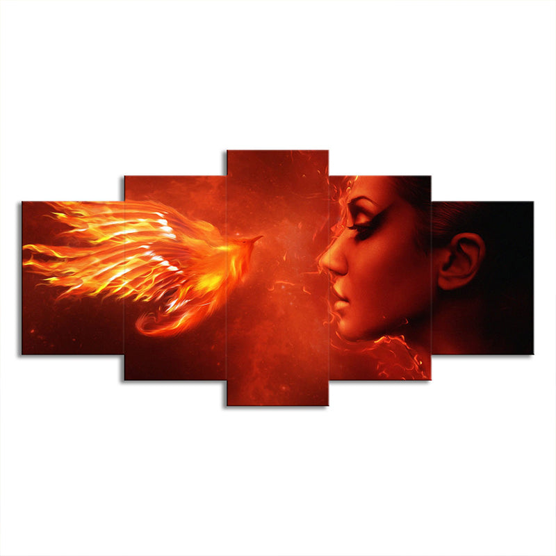 Orange Red Modern Canvas Art Digital Print Woman and Phoenix Wall Decor for Room