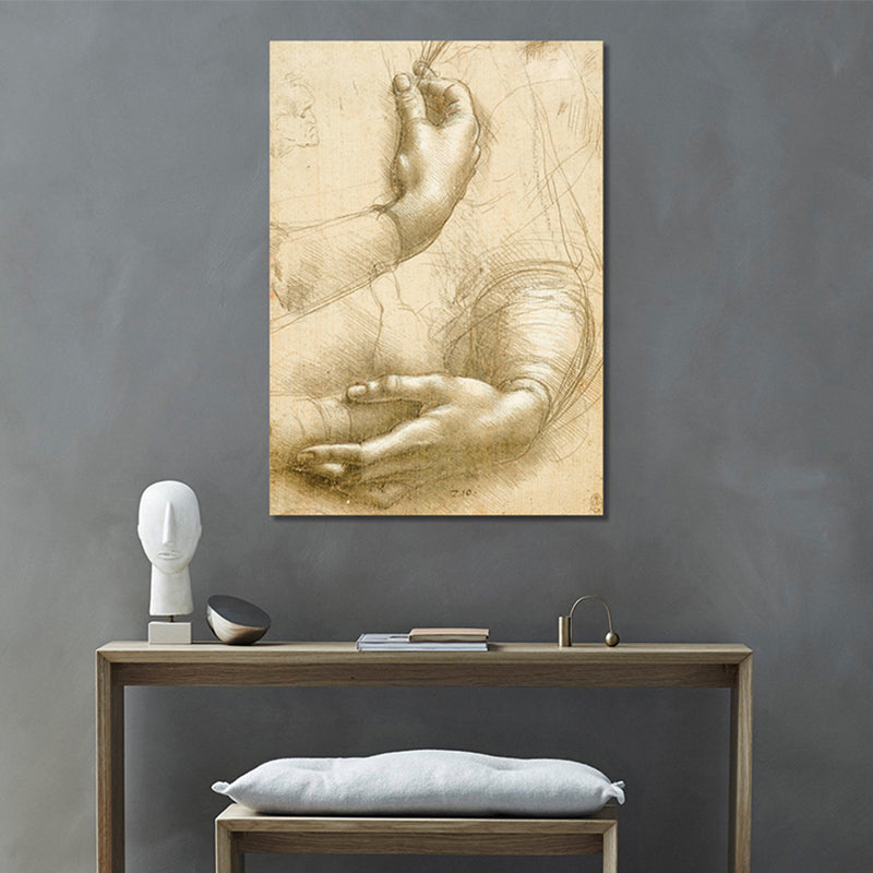 Minimalism Style Human Hands Painting in Yellow Textured Canvas for Girls Bedroom