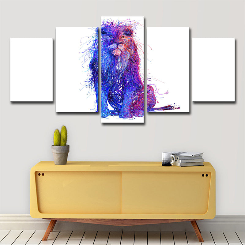 Lion Canvas Print Modern Cute Big Cat Wall Art Decor in Purple on White for Home