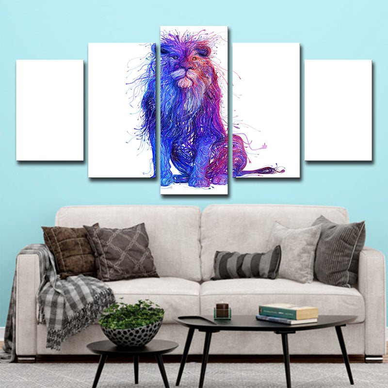 Lion Canvas Print Modern Cute Big Cat Wall Art Decor in Purple on White for Home