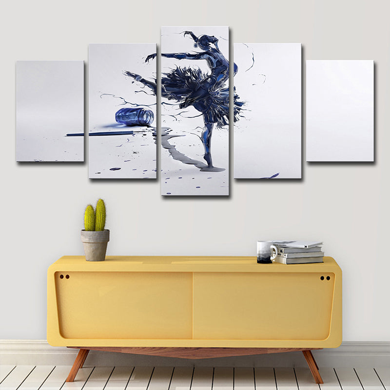 Digital Print Modernist Canvas Art with Ballerina Dancing Pattern in Blue on White