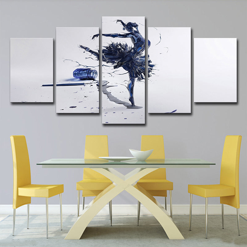 Digital Print Modernist Canvas Art with Ballerina Dancing Pattern in Blue on White