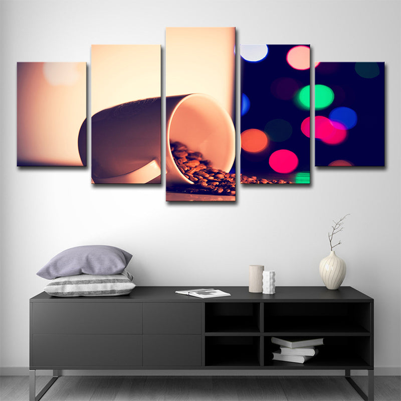 Night Scene Coffee Beans Canvas Print Contemporary Multi-Piece Wall Art Decor in Yellow