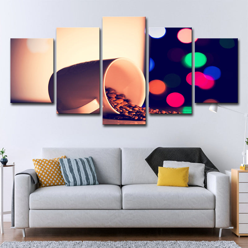 Night Scene Coffee Beans Canvas Print Contemporary Multi-Piece Wall Art Decor in Yellow