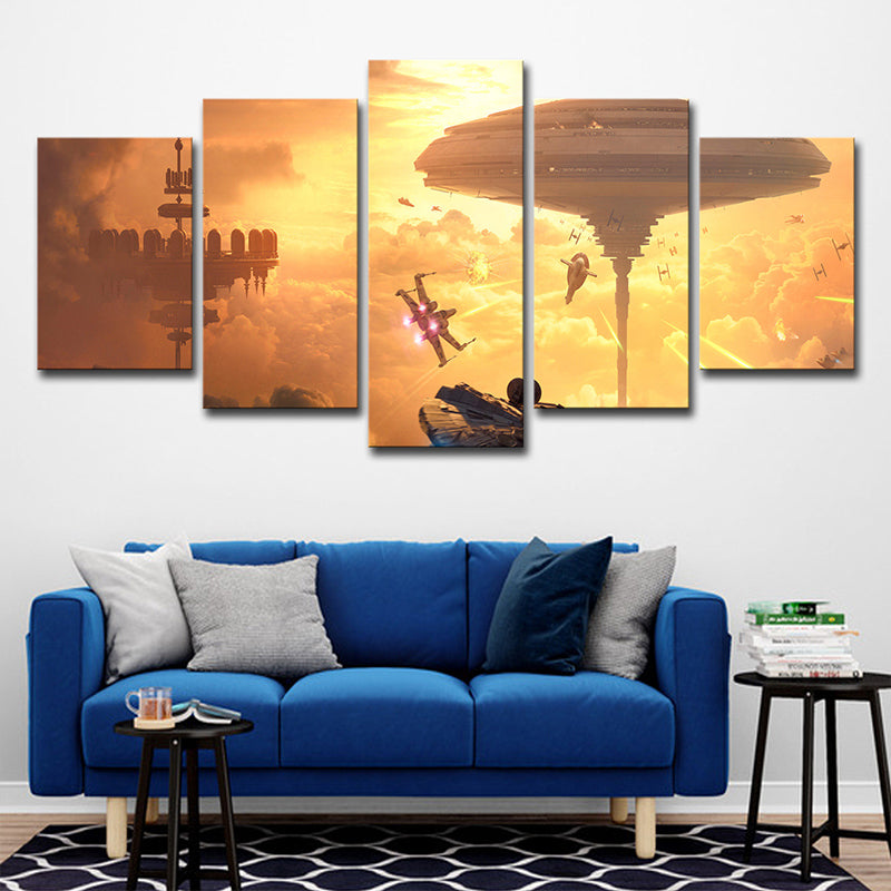 Futuristic Star War Battlefield Art Print Yellow Multi-Piece Wall Decor for Living Room