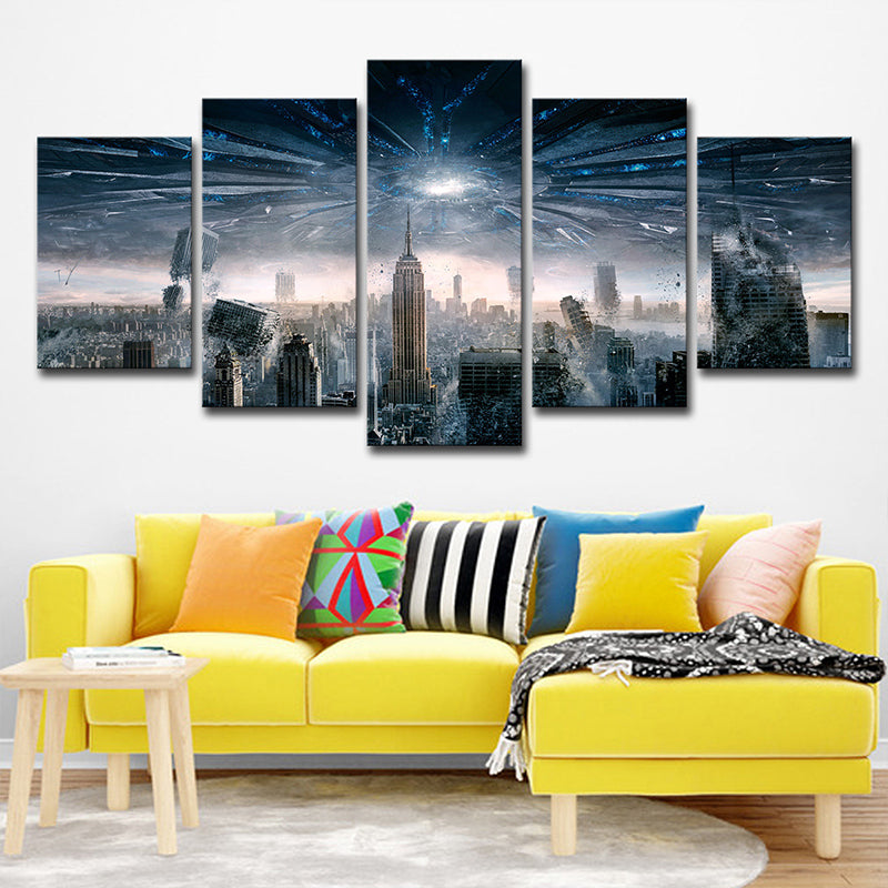 Futuristic Cityscape Wall Decor Blue Canvas Art Print for Living Room, Multi-Piece