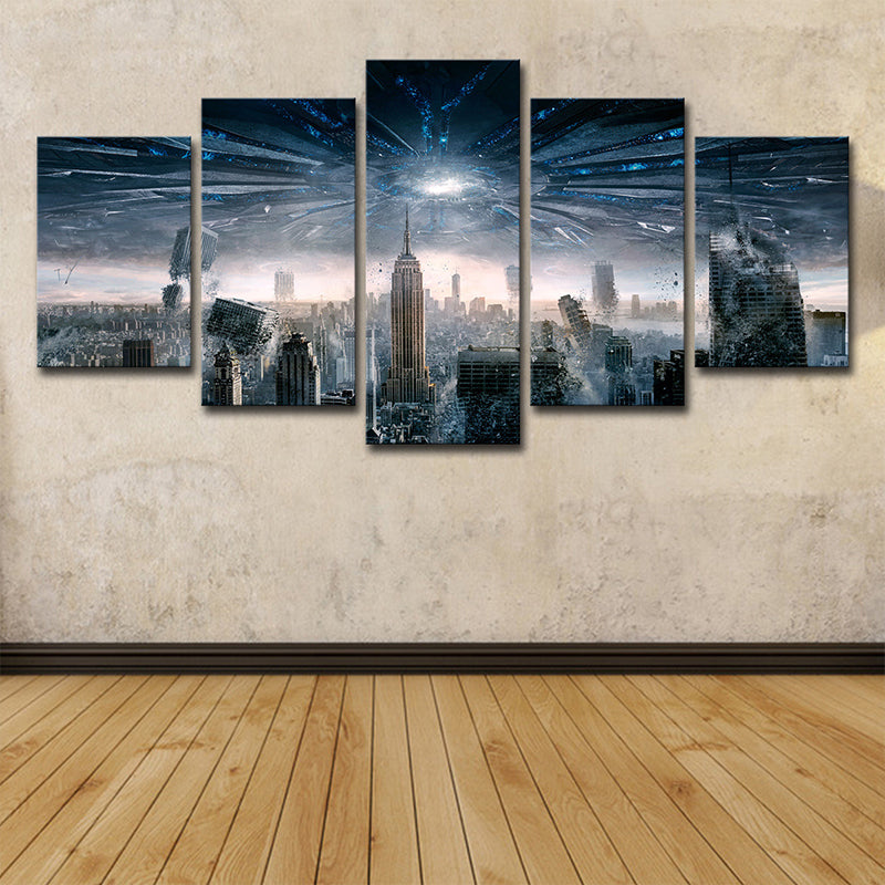 Futuristic Cityscape Wall Decor Blue Canvas Art Print for Living Room, Multi-Piece