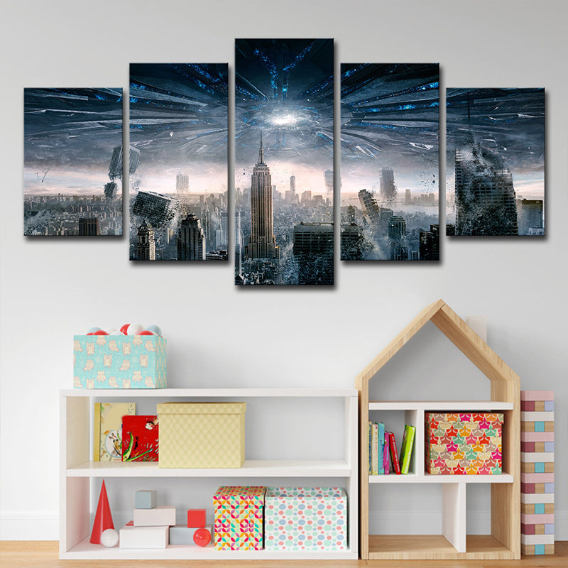 Futuristic Cityscape Wall Decor Blue Canvas Art Print for Living Room, Multi-Piece