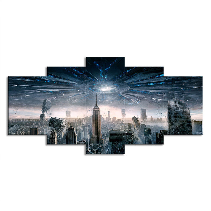 Futuristic Cityscape Wall Decor Blue Canvas Art Print for Living Room, Multi-Piece