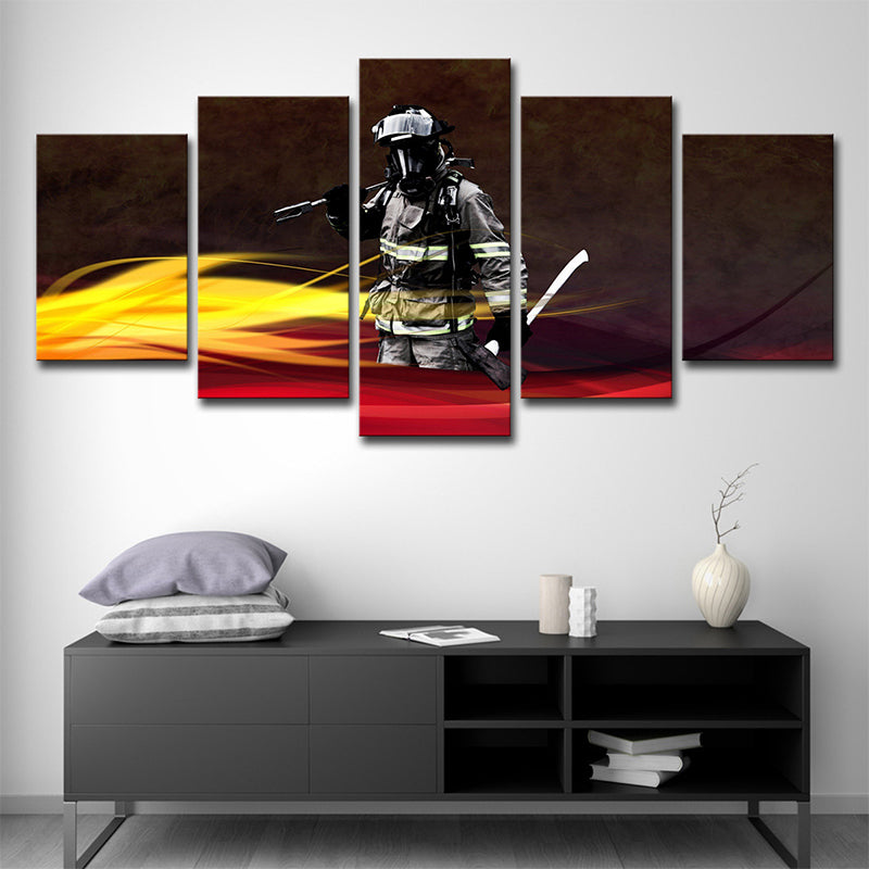 Black Contemporary Wall Art Decor Digital Printed Fireman Canvas for Sitting Room