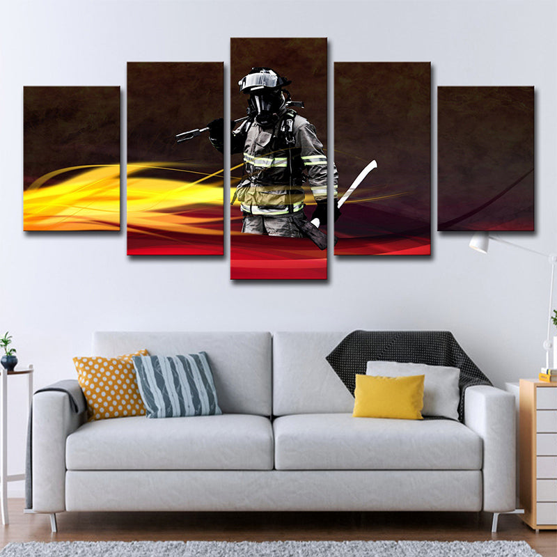 Black Contemporary Wall Art Decor Digital Printed Fireman Canvas for Sitting Room