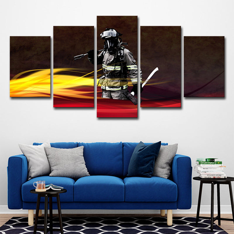 Black Contemporary Wall Art Decor Digital Printed Fireman Canvas for Sitting Room