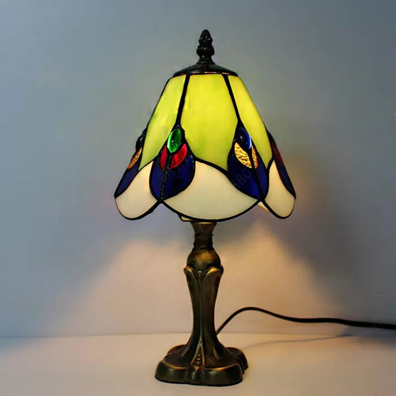 Stained Glass Cone Table Light with Metal Base and Gem/Grape/Peacock Tail Pattern 1 Light Tiffany Table Lighting for Bedside